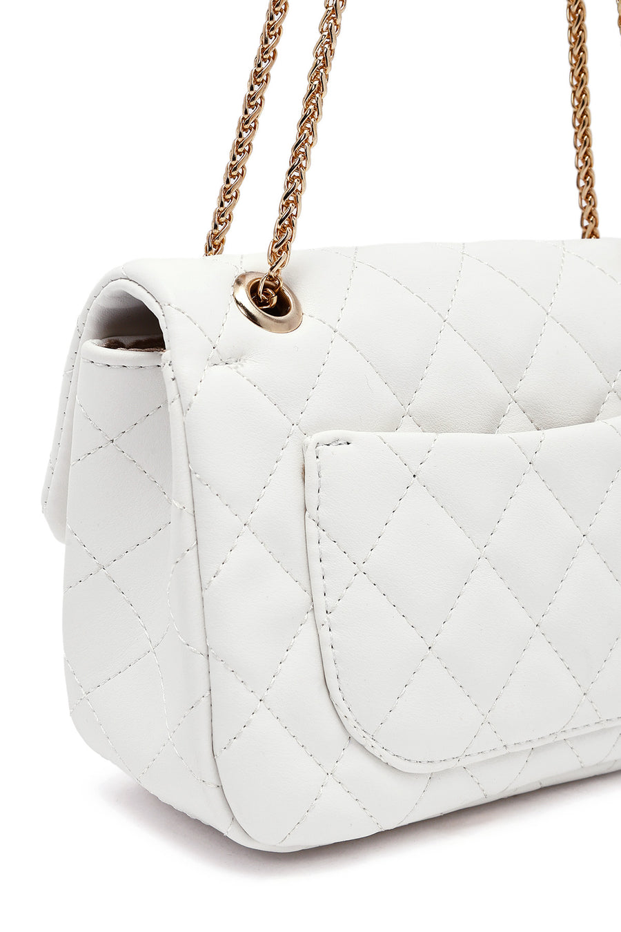 Woman White Long Strap Quilted Shoulder Bag