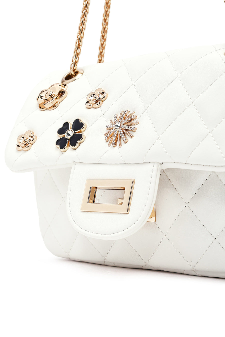 Woman White Long Strap Quilted Shoulder Bag