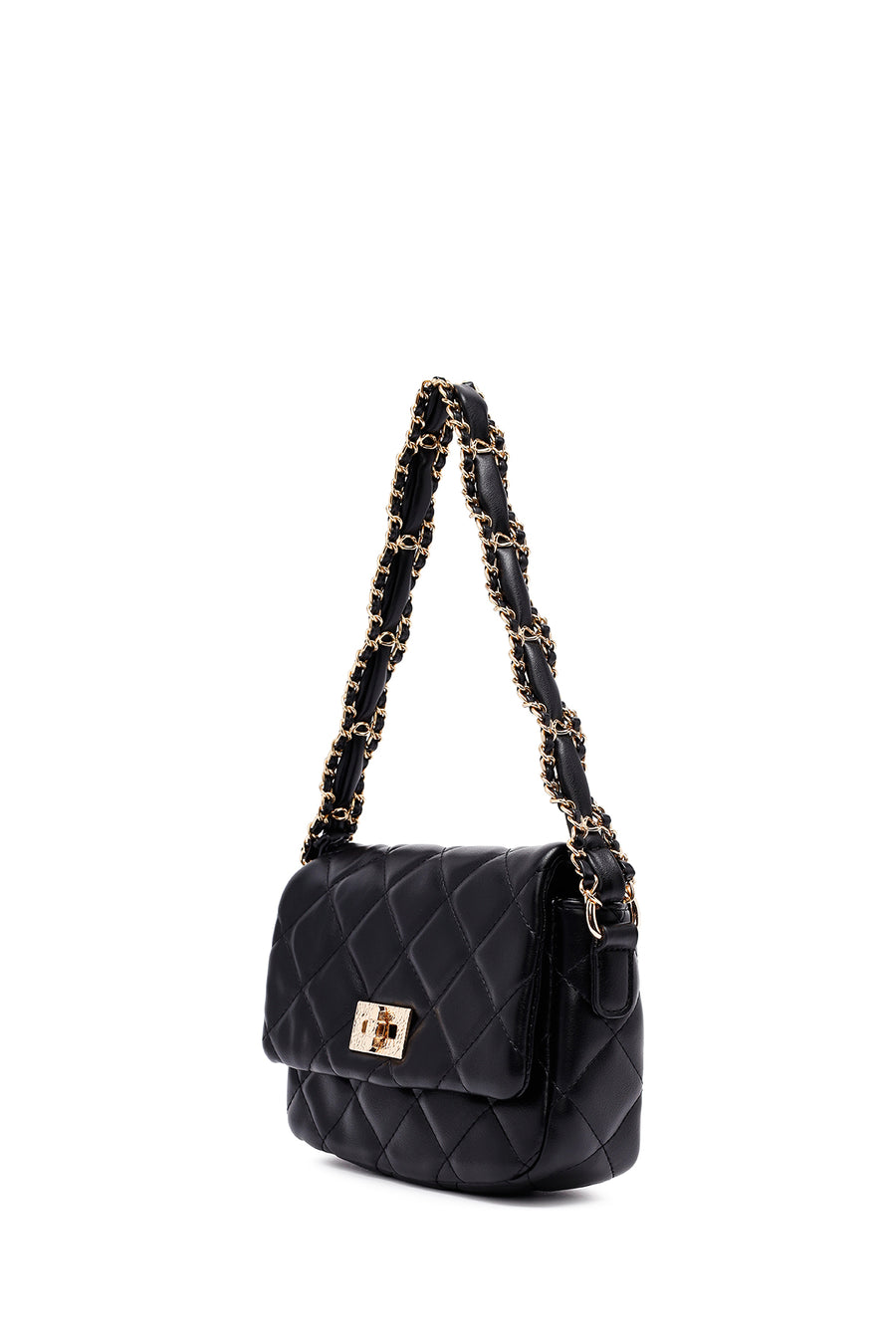 Woman Black Long Strap Quilted Shoulder Bag