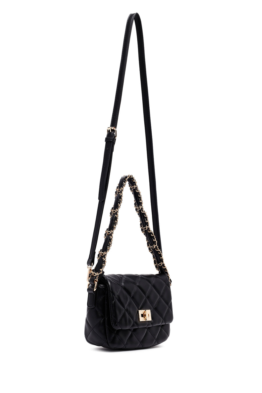 Woman Black Long Strap Quilted Shoulder Bag