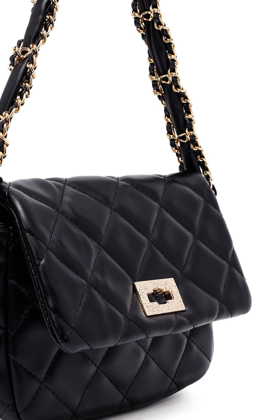 Woman Black Long Strap Quilted Shoulder Bag