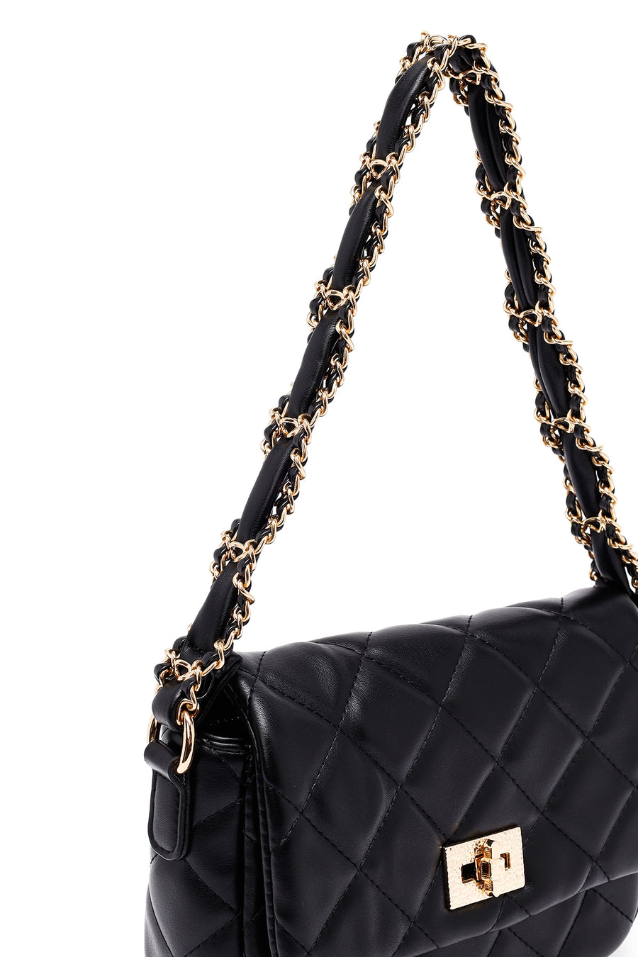 Woman Black Long Strap Quilted Shoulder Bag