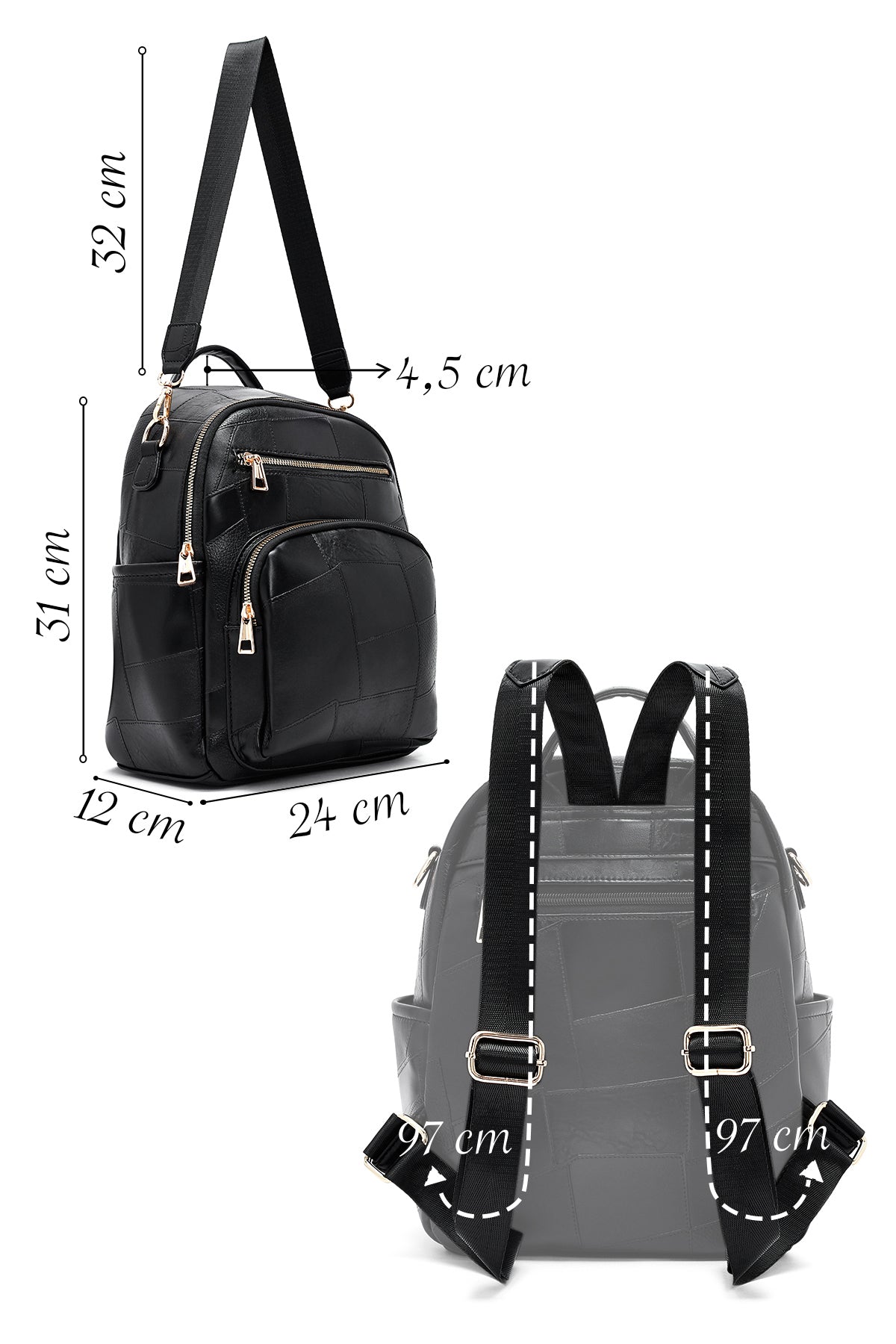 Kadın Siyah Uzun Askılı Baskılı Sırt Çantası