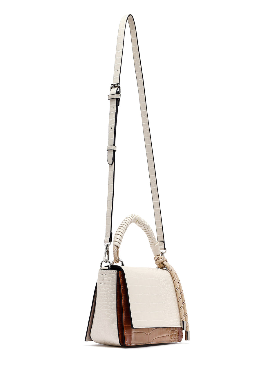 Woman Beige Long Strap Crocodile Patterned Crossbody Bag