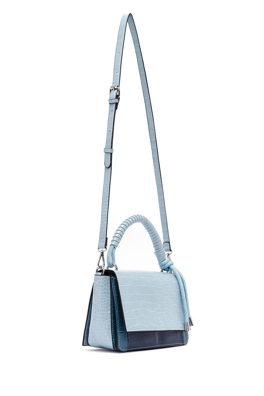 Woman Blue Long Strap Crocodile Patterned Crossbody Bag