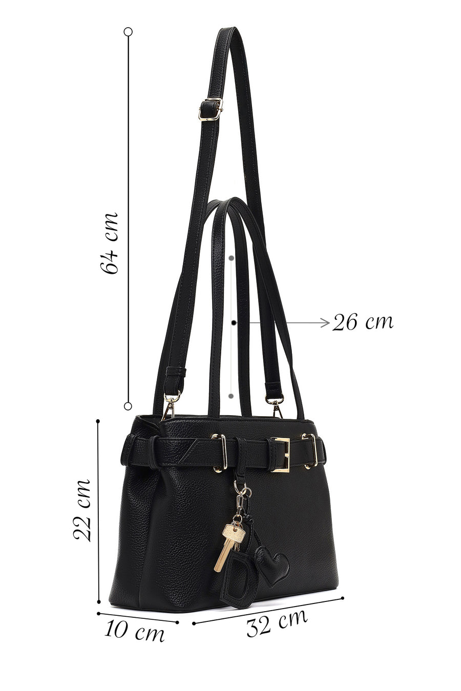 Women's Black Long Strapped Accessorized Shoulder Bag