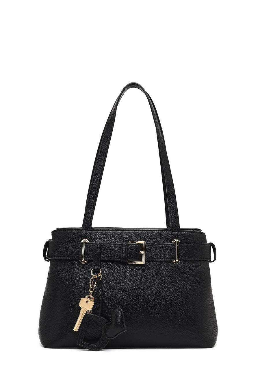 Women's Black Long Strapped Accessorized Shoulder Bag