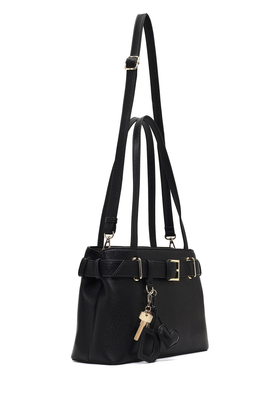 Women's Black Long Strapped Accessorized Shoulder Bag