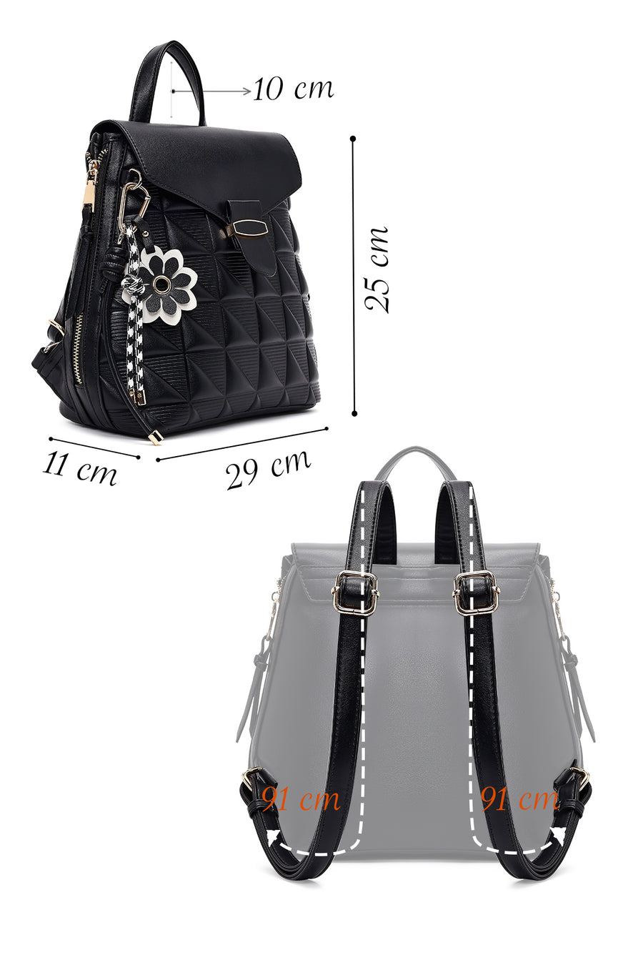 Women's Black Printed Accessorized Backpack