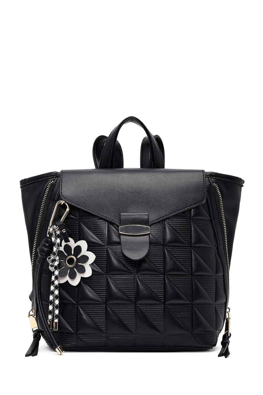 Women's Black Printed Accessorized Backpack