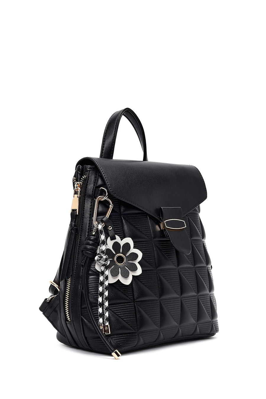 Women's Black Printed Accessorized Backpack