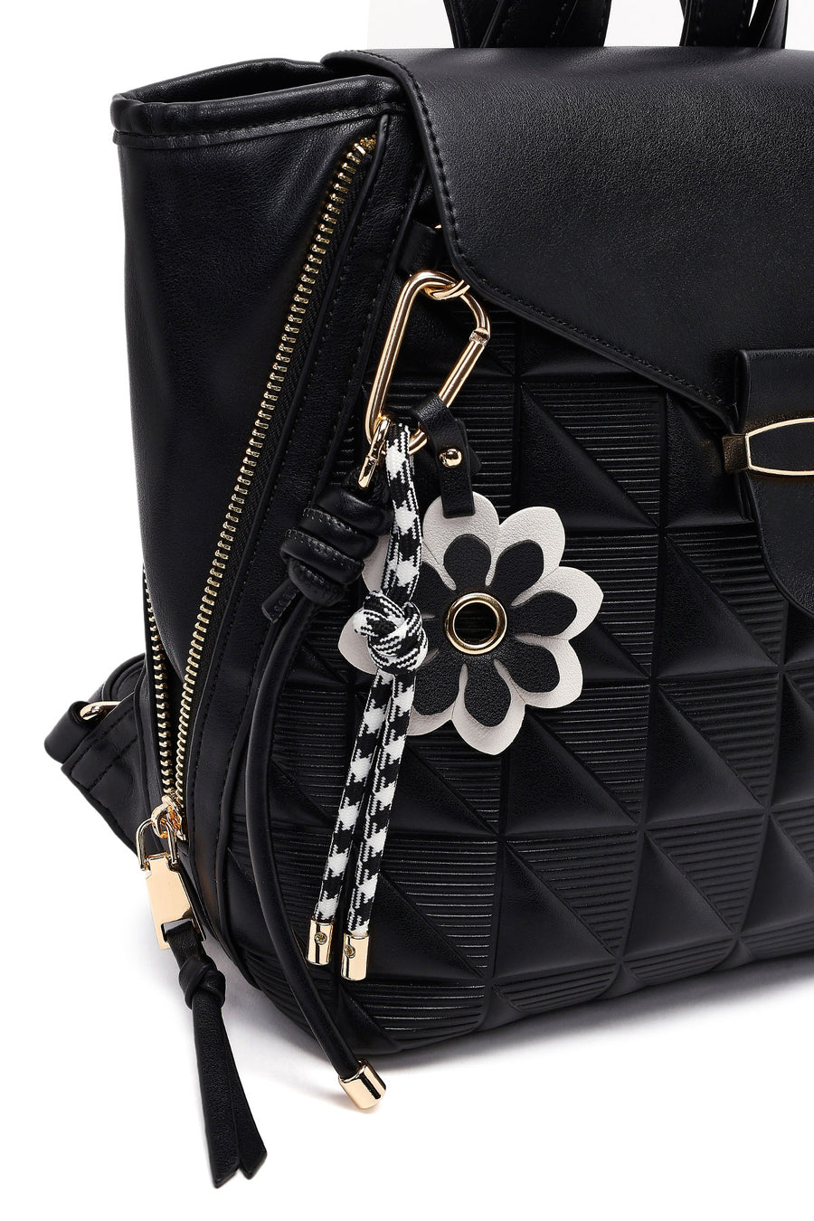 Women's Black Printed Accessorized Backpack