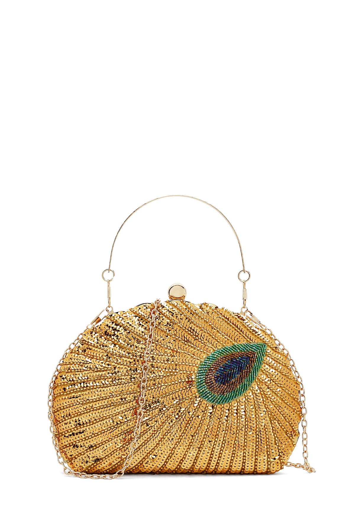 Kadın Altın Uzun Zincir Askılı Pullu Kutu Abiye Kol Çantası