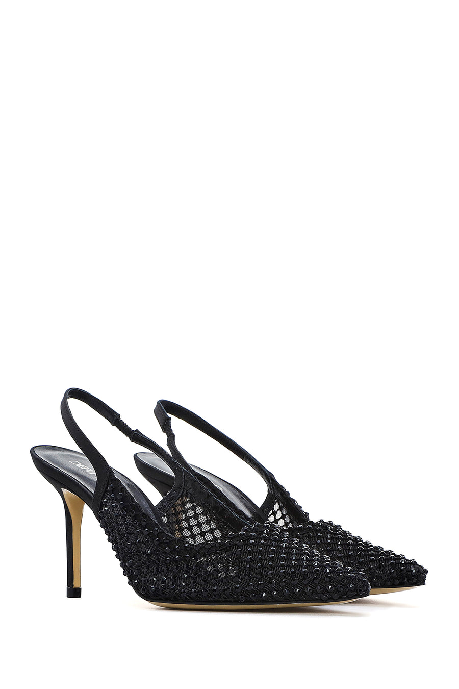 Women's Black Stone-Embellished Open Back Thin Heeled Leather Shoe