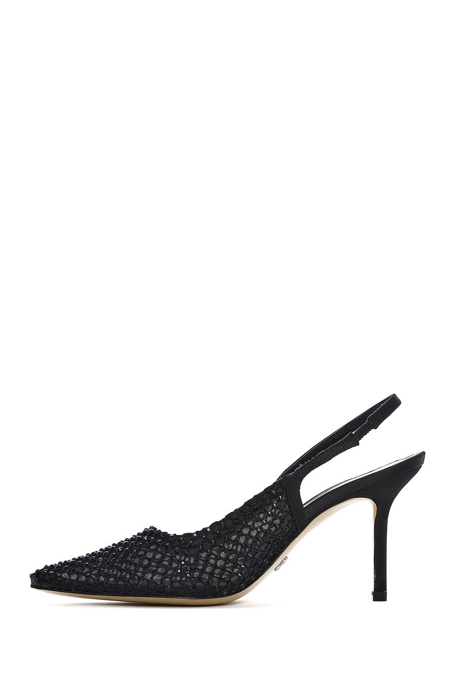 Women's Black Stone-Embellished Open Back Thin Heeled Leather Shoe