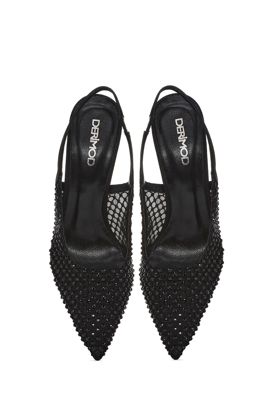 Women's Black Stone-Embellished Open Back Thin Heeled Leather Shoe
