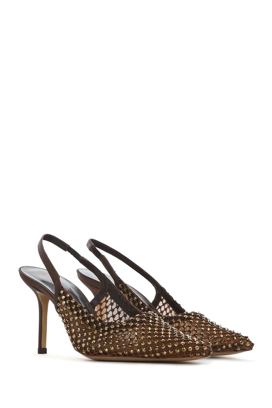 Women's Bronze Stone Open Back Thin Heeled Leather Shoe