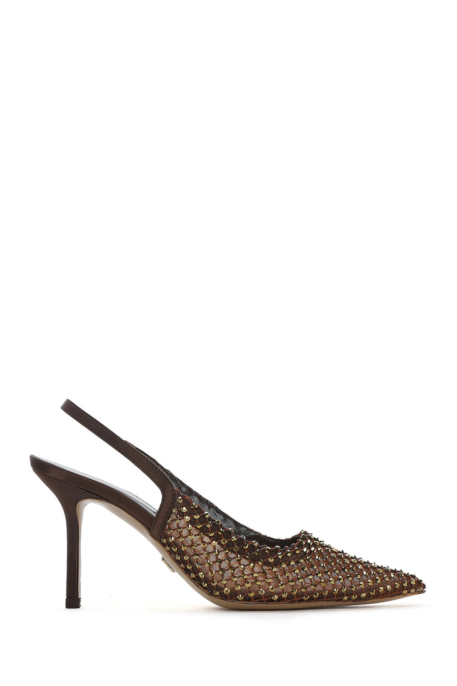 Women's Bronze Stone Open Back Thin Heeled Leather Shoe