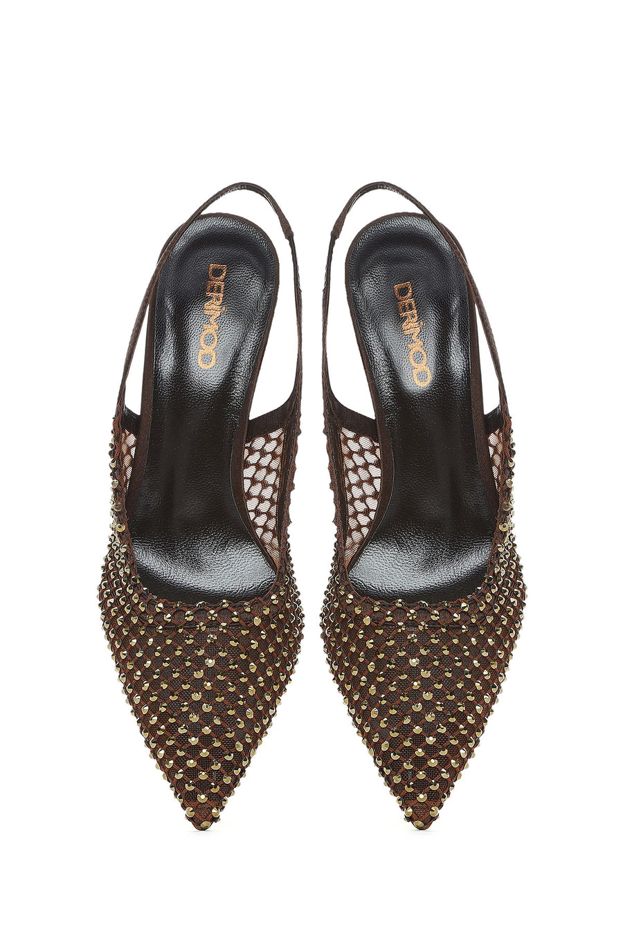 Women's Bronze Stone Open Back Thin Heeled Leather Shoe