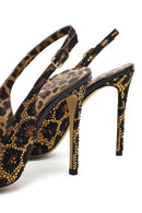 Kadın Leopar Desenli Taşlı Arkası Açık Yüksek İnce Topuklu Deri Ayakkabı | Derimod