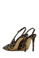 Kadın Leopar Desenli Taşlı Arkası Açık Yüksek İnce Topuklu Deri Ayakkabı | Derimod