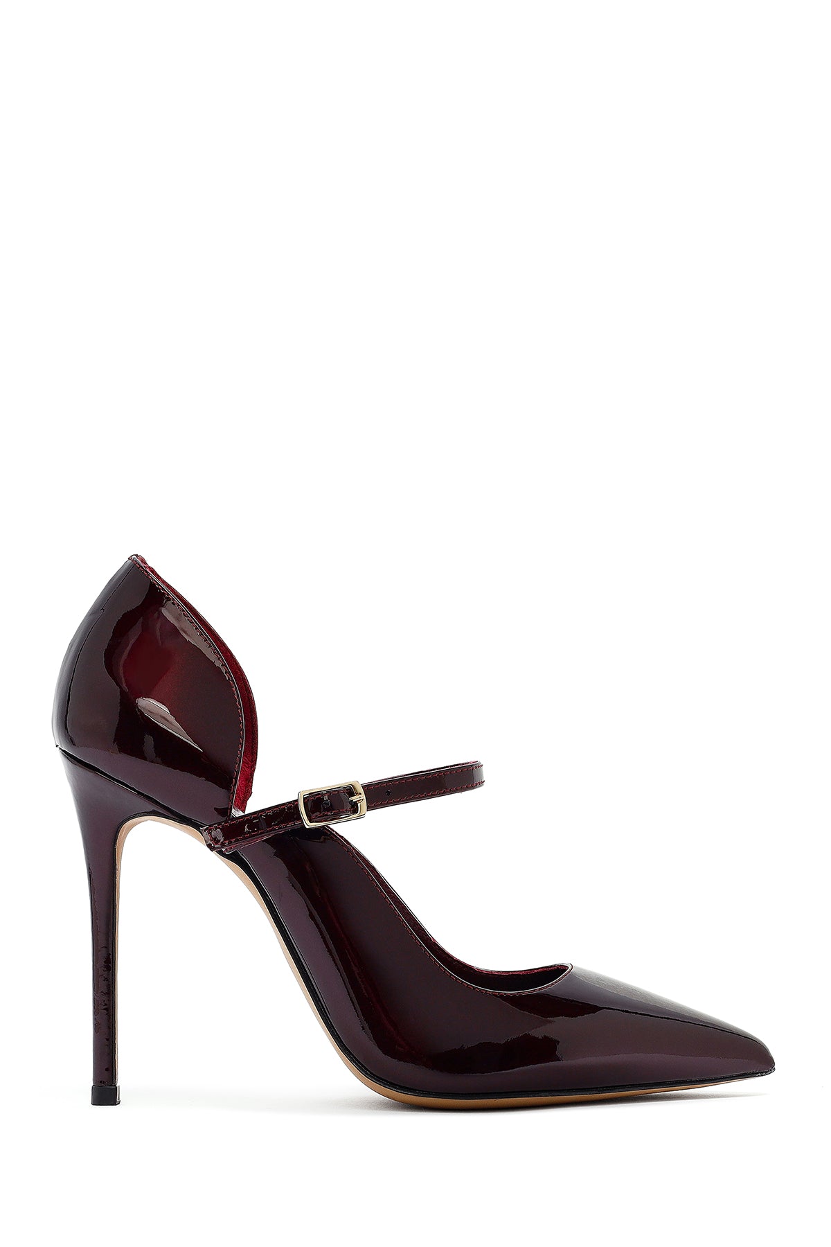 Kadın Bordo Tokalı Yüksek İnce Topuklu Rugan Deri Ayakkabı