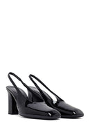 Woman Black Patent Leather Slingback Thick Heel Leather Shoe | Derimod