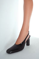 Woman Black Patent Leather Slingback Thick Heel Leather Shoe | Derimod