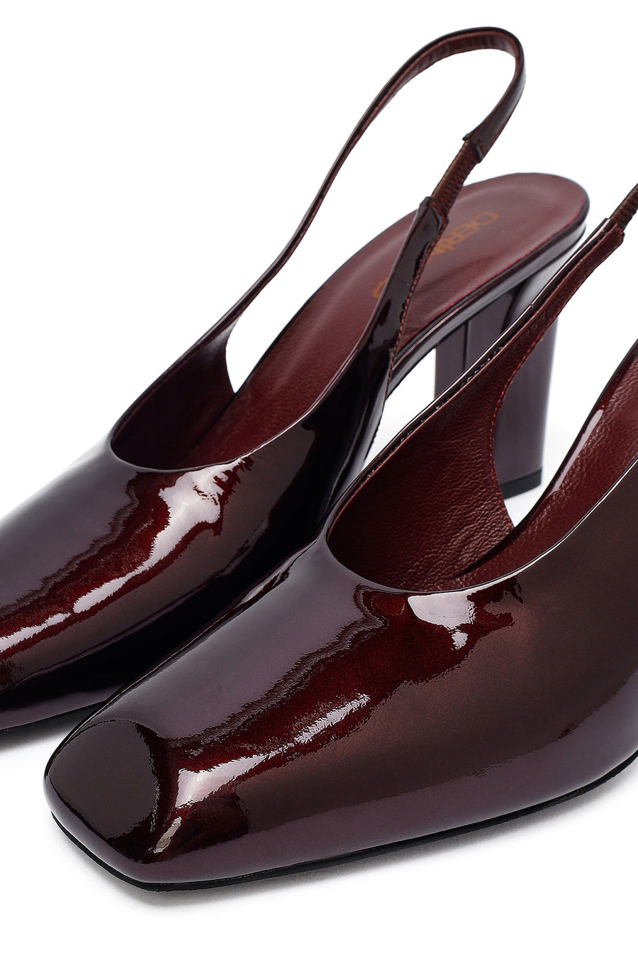 Woman Burgundy Open Back Thick Heel Patent Leather Leather Shoe