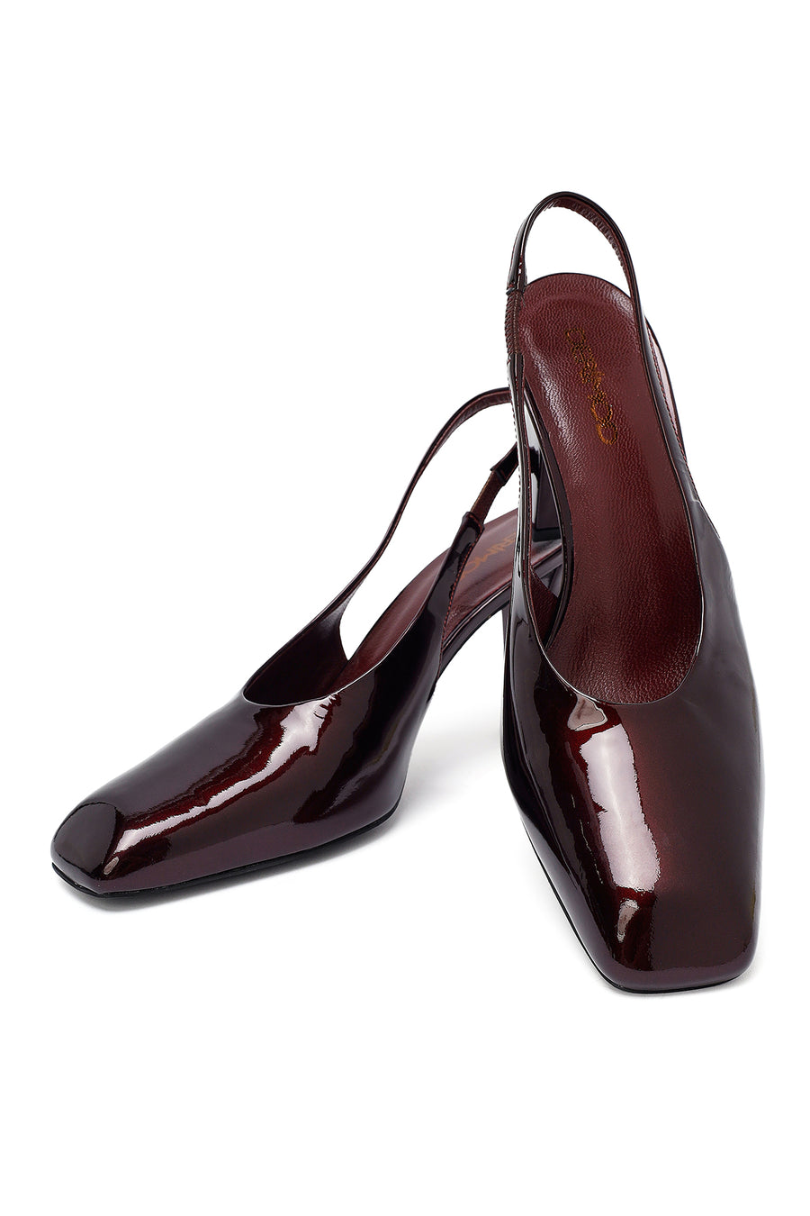 Woman Burgundy Open Back Thick Heel Patent Leather Leather Shoe