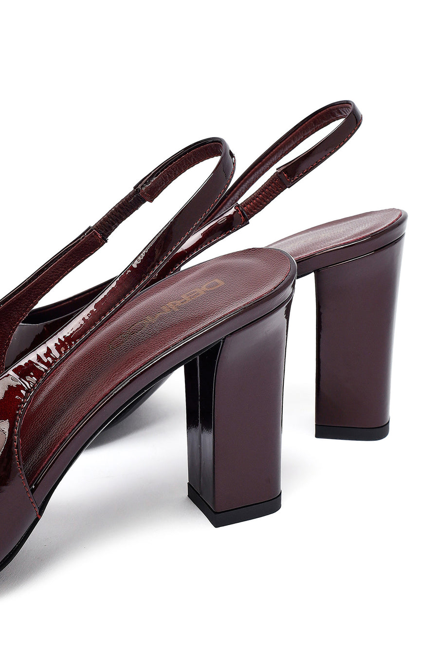Woman Burgundy Open Back Thick Heel Patent Leather Leather Shoe