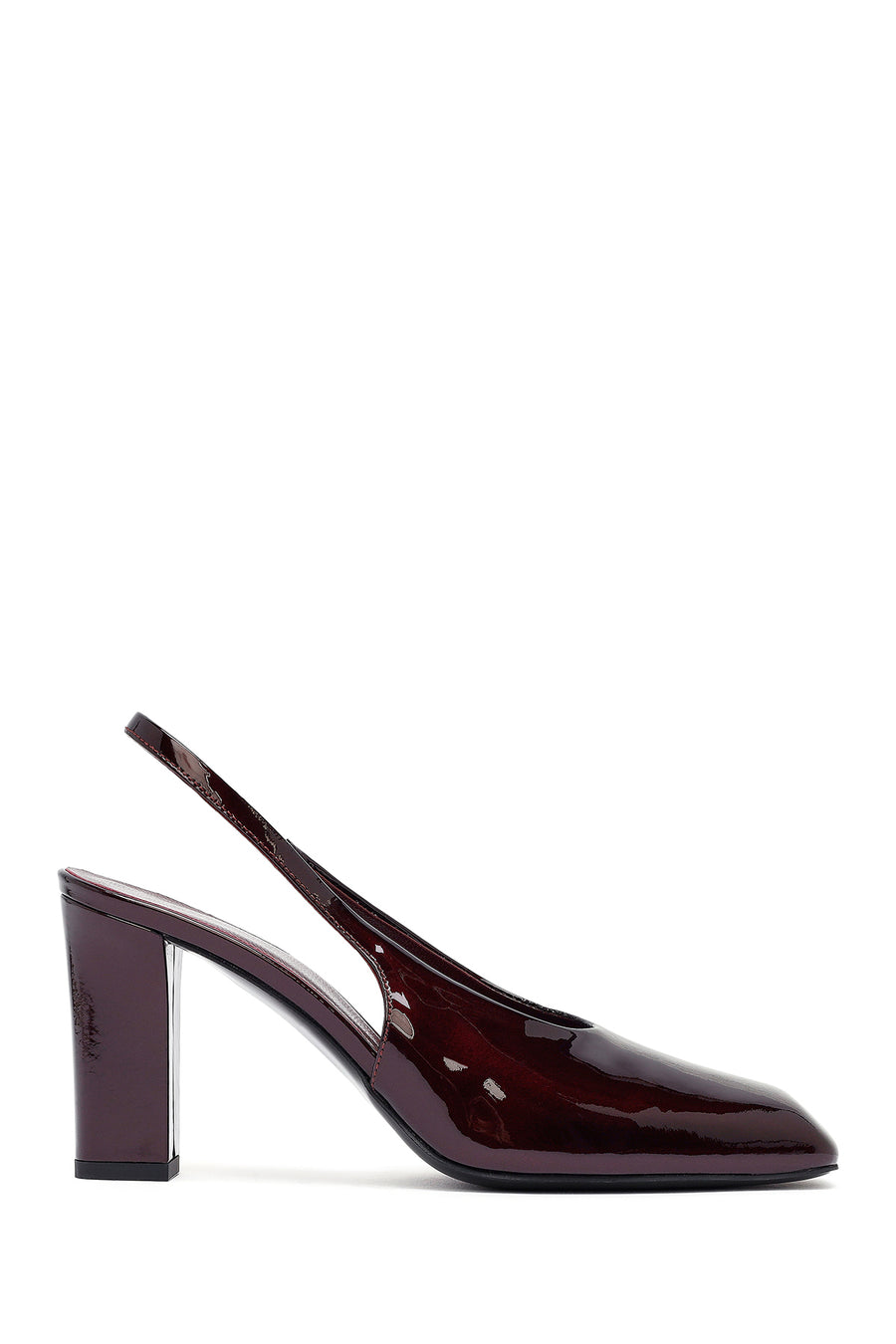 Woman Burgundy Open Back Thick Heel Patent Leather Leather Shoe