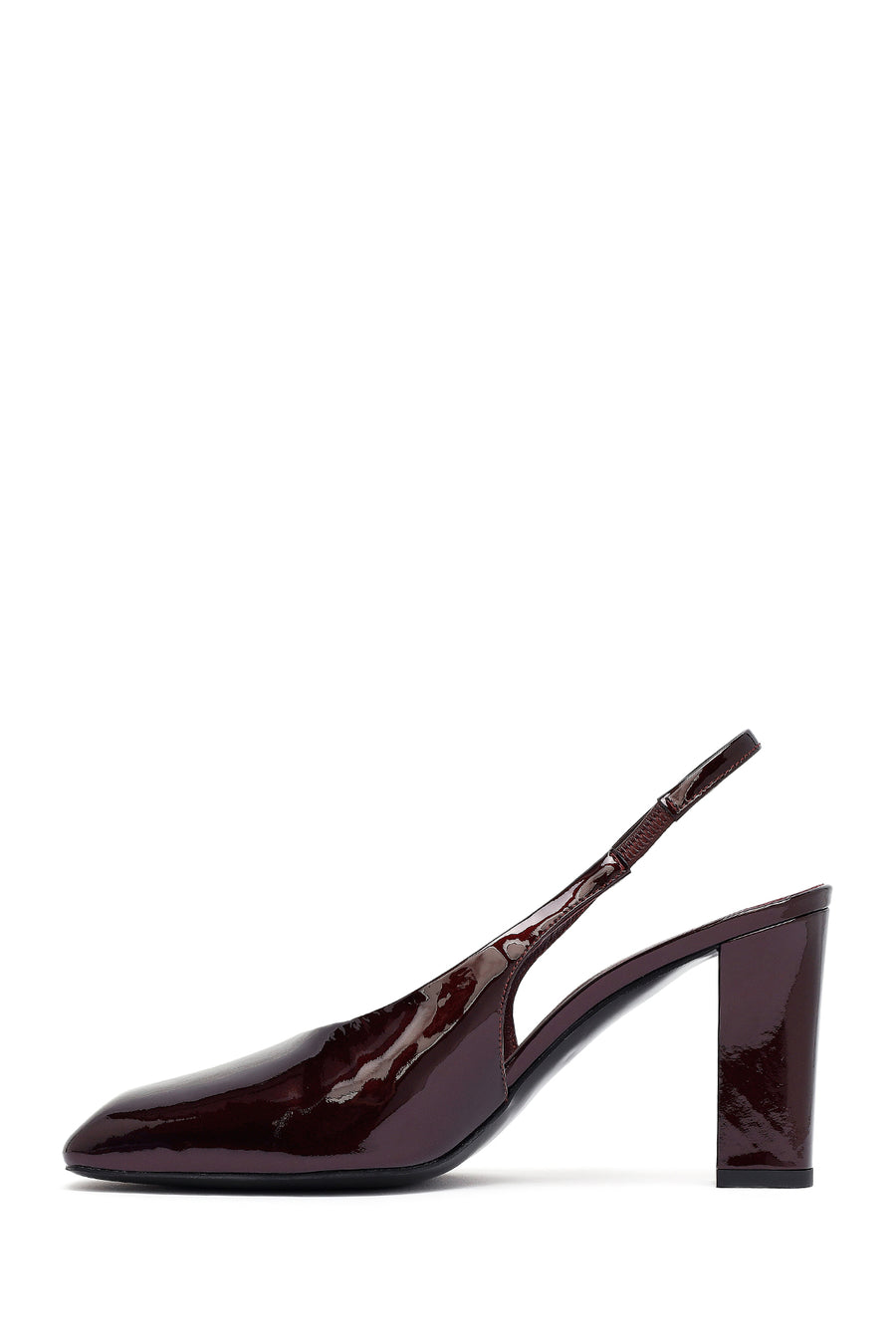 Woman Burgundy Open Back Thick Heel Patent Leather Leather Shoe