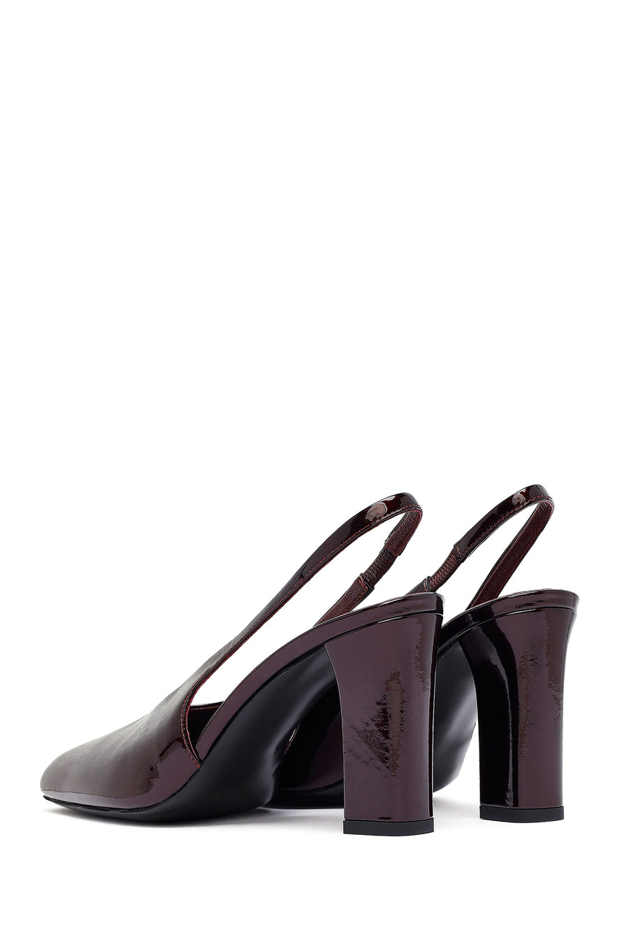 Woman Burgundy Open Back Thick Heel Patent Leather Leather Shoe