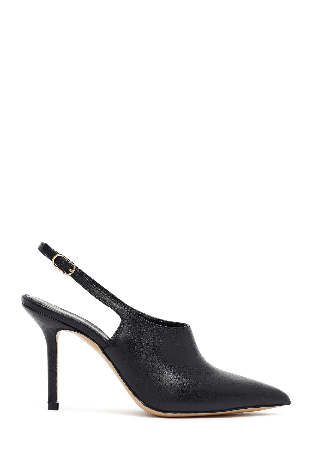 Woman Black Buckled Slingback High Thin Heel Leather Shoe 25AFD121418 | Derimod