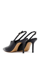 Woman Black Buckled Slingback High Thin Heel Leather Shoe | Derimod