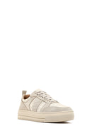 Women's Beige Lace-Up Thick-Soled Patterned Leather Sneaker | Derimod