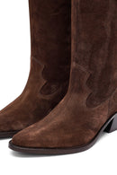 Woman Brown Chunky Heel Suede Leather Cowboy Boots | Derimod