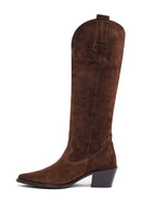 Woman Brown Chunky Heel Suede Leather Cowboy Boots | Derimod