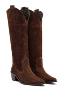 Woman Brown Chunky Heel Suede Leather Cowboy Boots | Derimod