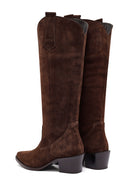 Woman Brown Chunky Heel Suede Leather Cowboy Boots | Derimod