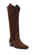 Woman Brown Chunky Heel Suede Leather Cowboy Boots | Derimod