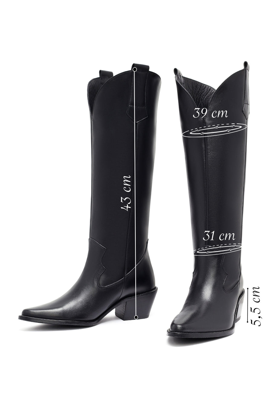 Woman Black Chunky Heels Leather Cowboy Boots