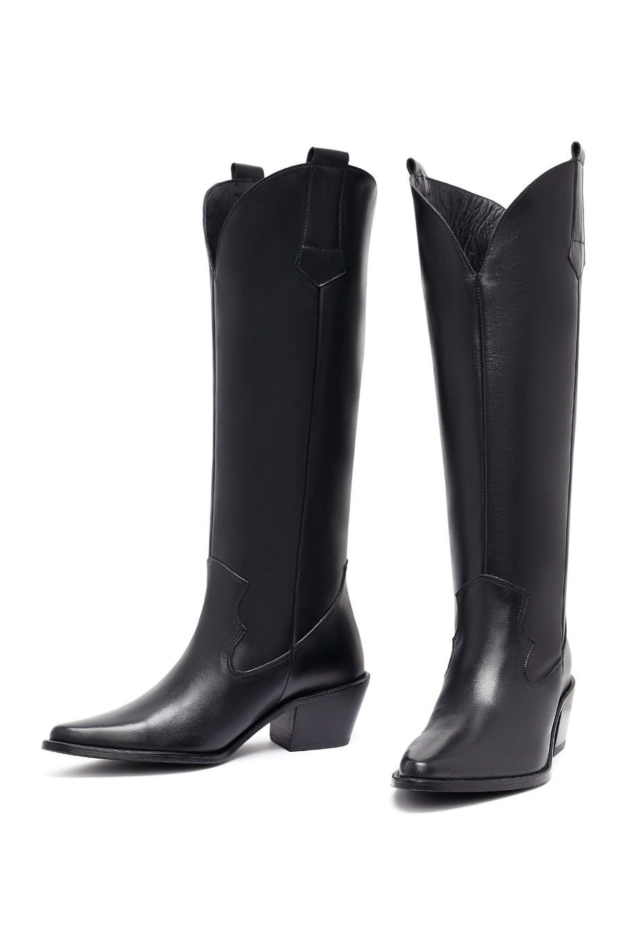 Woman Black Chunky Heels Leather Cowboy Boots