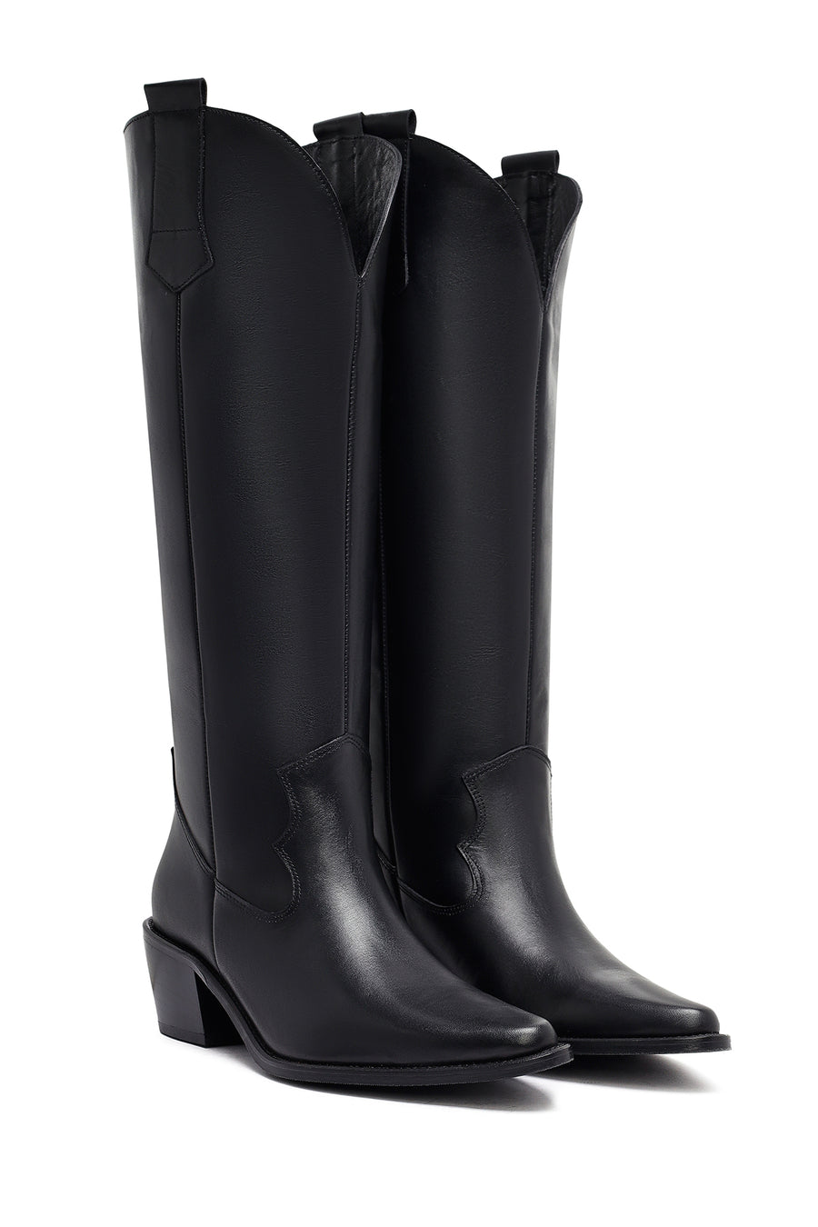 Woman Black Chunky Heels Leather Cowboy Boots
