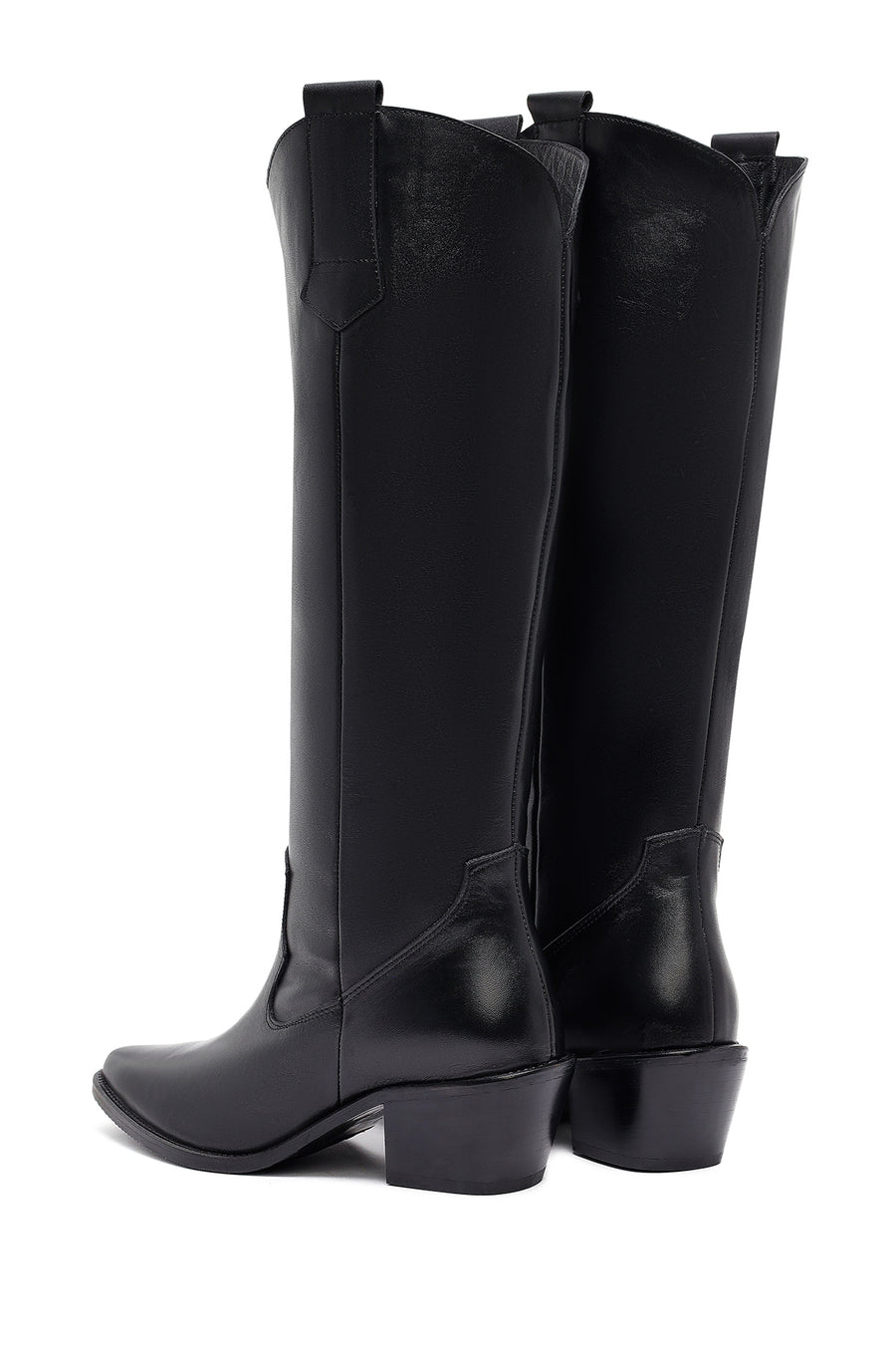Woman Black Chunky Heels Leather Cowboy Boots