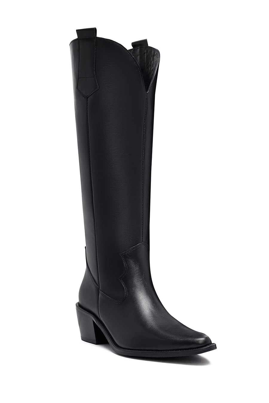 Woman Black Chunky Heels Leather Cowboy Boots