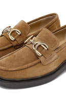 Woman Tan Buckled Suede Leather Masculine Loafer | Derimod