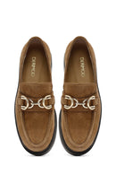 Woman Tan Buckled Suede Leather Masculine Loafer | Derimod