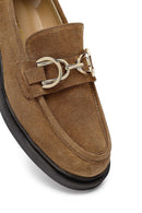 Woman Tan Buckled Suede Leather Masculine Loafer | Derimod